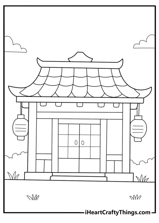 Japanese style wooden house with sliding doors cultural house coloring page