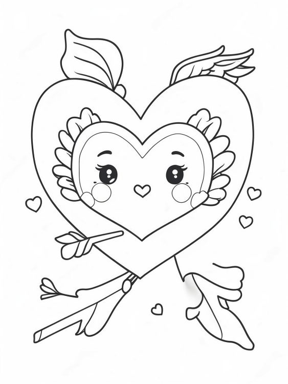 Kawaii Heart With Cupids Arrow To Color