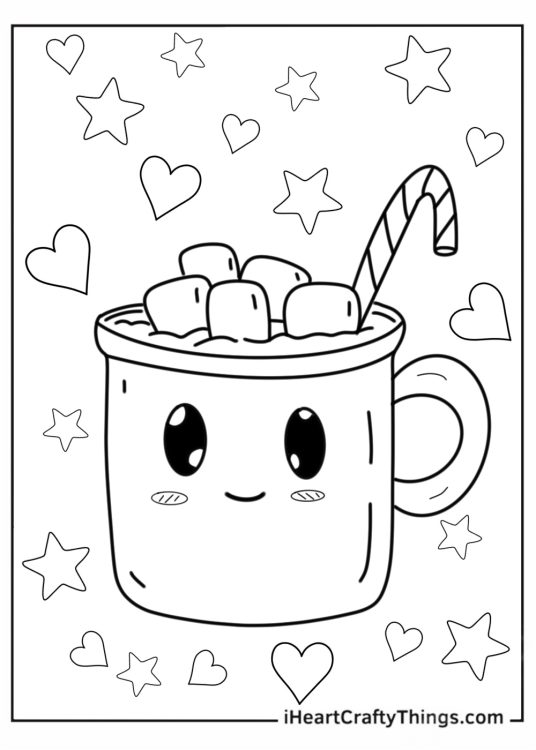 Kawaii Hot Chocolate With Marshmallow Coloring Sheet