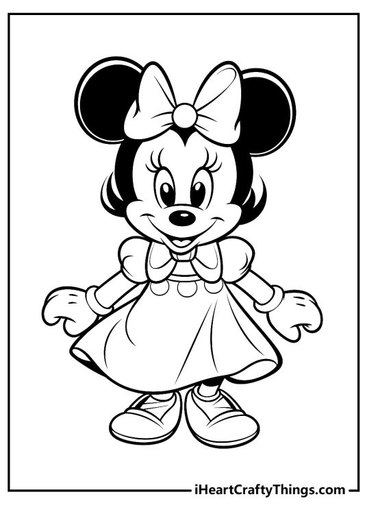 Coloring page of an adorable Minnie Mouse with big round ears wearing dress, gloves and big bow