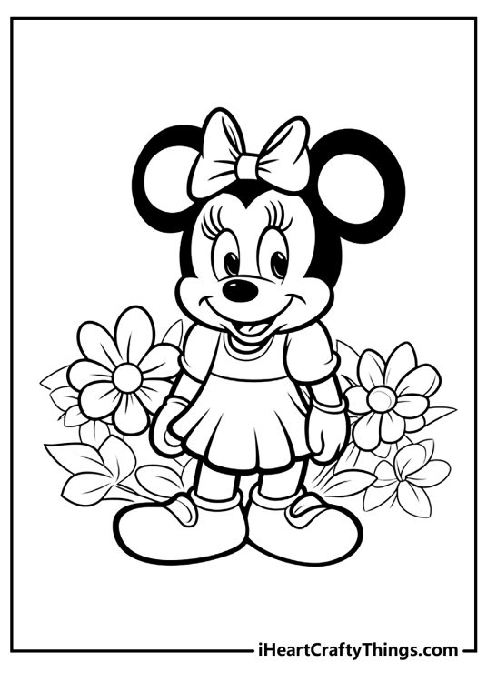 Minnie Mouse smiles gleefully surrounded by beautiful blossoms coloring printable for kids