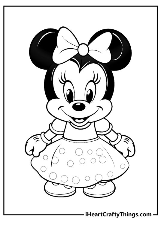 Coloring page for kids of a baby Minnie Mouse posing in a fashionable polka dot dress