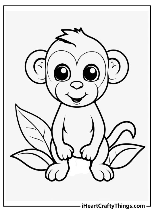 Free printable coloring sheet featuring monkey with a big smile sitting on some leaves