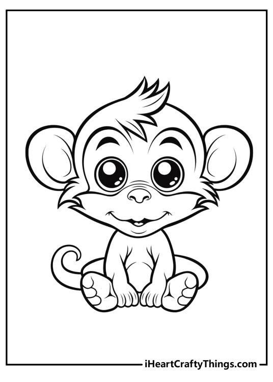 Coloring poster of a sweet baby monkey with large round eyes, small nose and tuft of hair on its head