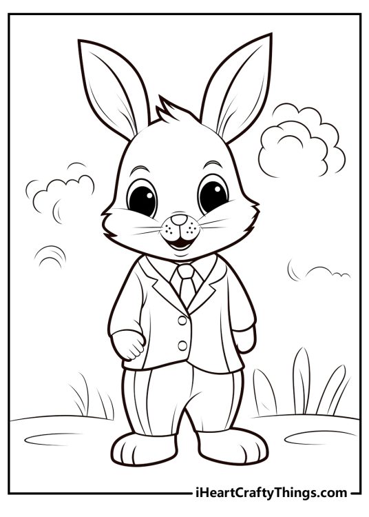 Peter Rabbit-inspired printable featuring happy rabbit dressed in a formal suit posing outdoors