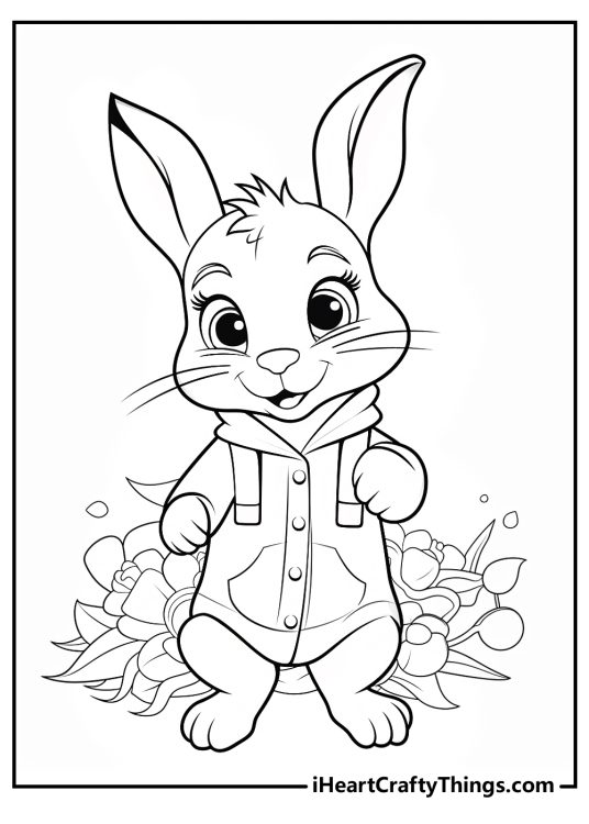 Peter Rabbit coloring page featuring cute rabbit with sweet smile, heart-shaped nose and long ears