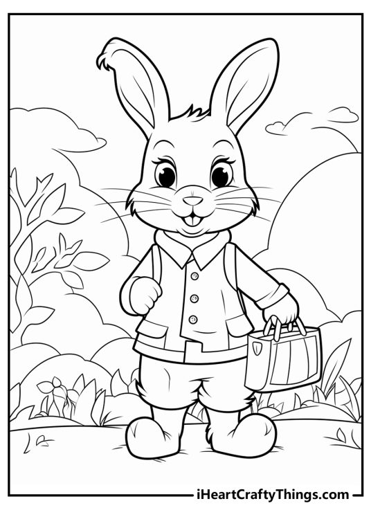Free coloring page featuring Peter Rabbit on a walk outdoors surrounded by various plants and trees