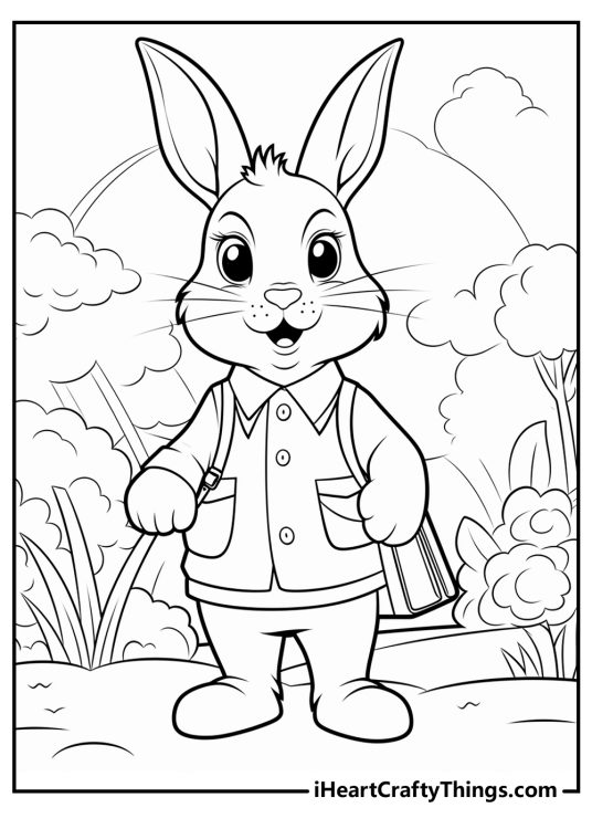 Peter Rabbit-themed illustration featuring happy Peter on a walk outdoors surrounded by nature
