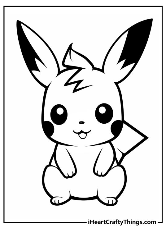 Free printable drawing for children depicting Pikachu looking cute and super happy