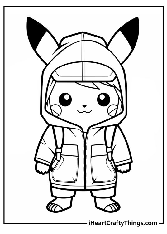 Pikachu-themed coloring picture for children featuring him decked out in outdoor clothing