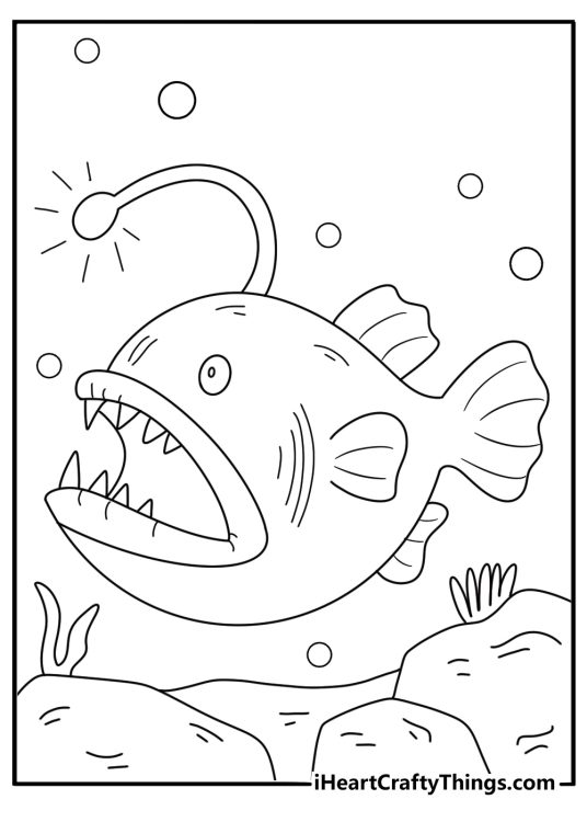 Printable fish coloring sheet with deep sea lantern fish glowing