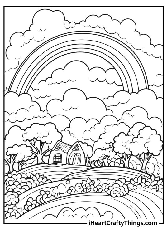 Detailed coloring sheet for kids featuring huge rainbow over the village surrounded by fluffy clouds