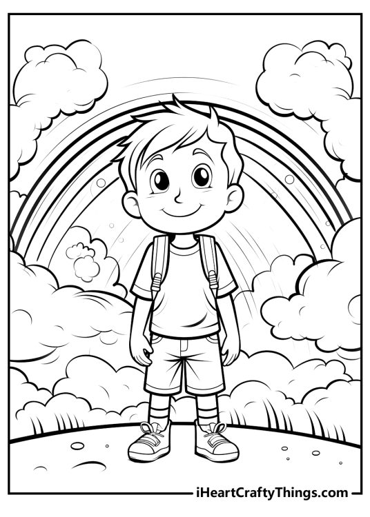 Free printable coloring sheet featuring a smiling boy with the rainbow in the sky behind him