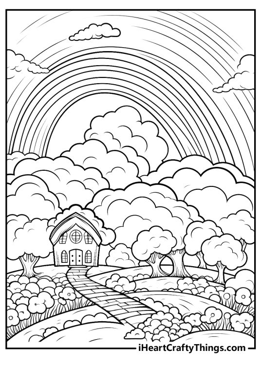 Detailed coloring card with magical scenery of a rainbow in the sky over a forest house