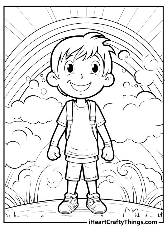 Detailed image to color featuring happy boy with a backpack and a rainbow with clouds behind him