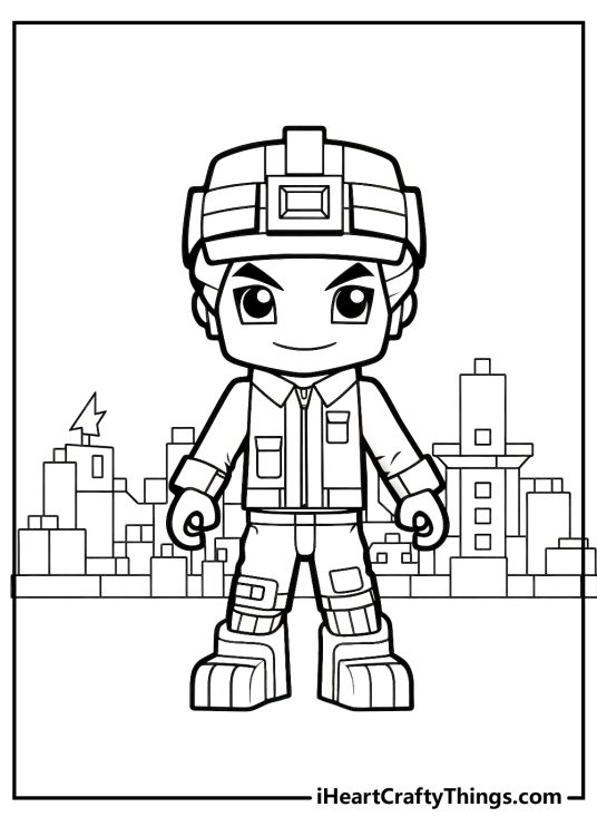 Roblox coloring image featuring a builder standing proudly in front of a futuristic skyline