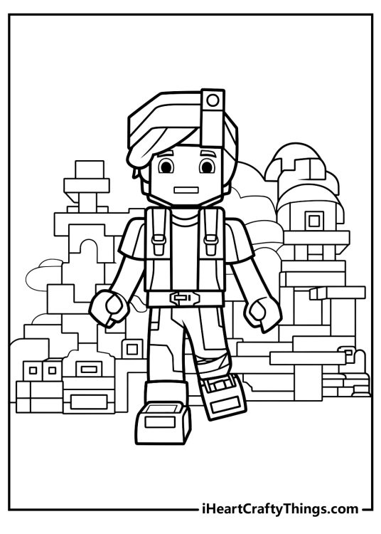 Free printable coloring page presenting Roblox builder standing in a brick-filled land