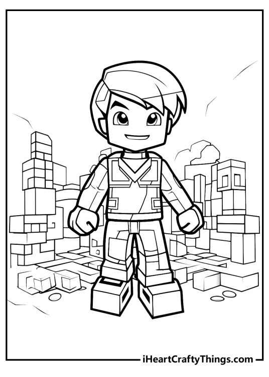 Roblox coloring printable for kids depicting a constructor standing ready at a worksite