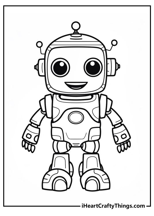 Detailed coloring poster presenting happy robot with round black eyes and big smile