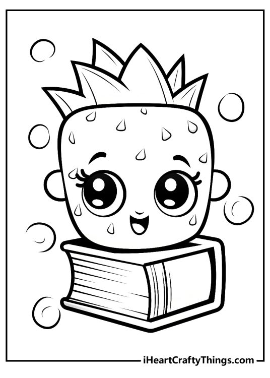 Coloring picture of a Shopkins character looking like a strawberry sitting on top of a book