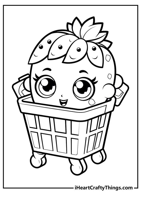 Shopkins coloring image of a strawberry-themed character with smiling face perched in a shopping cart