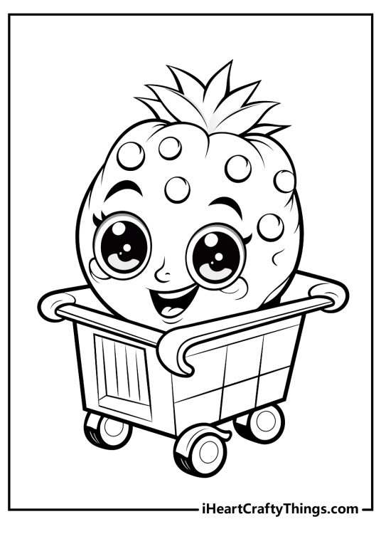 Printable image for kids of a pineapple Shopkin sitting in a shopping cart with big grin