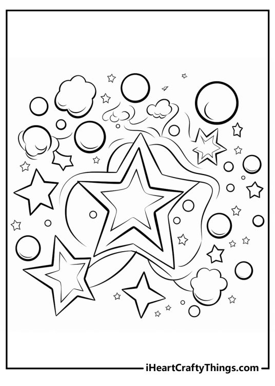 Detailed coloring card featuringn many various size stars surrounded by circles and clouds