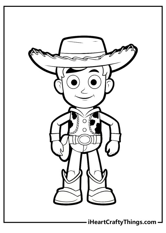 Coloring sheet for kids presenting young version of famous Toy Story character Sheriff Woody