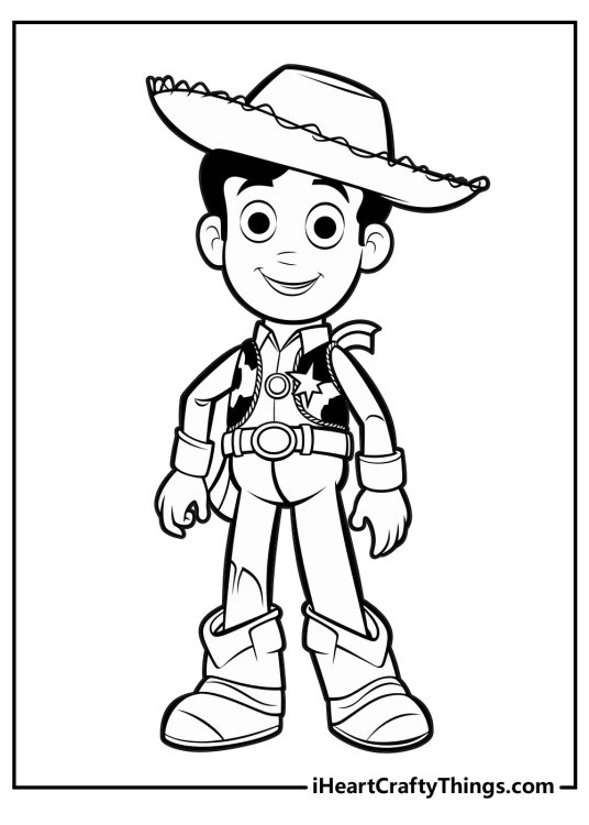 Toy Story-themed printable coloring image presenting cute depiction of Sheriff Woody