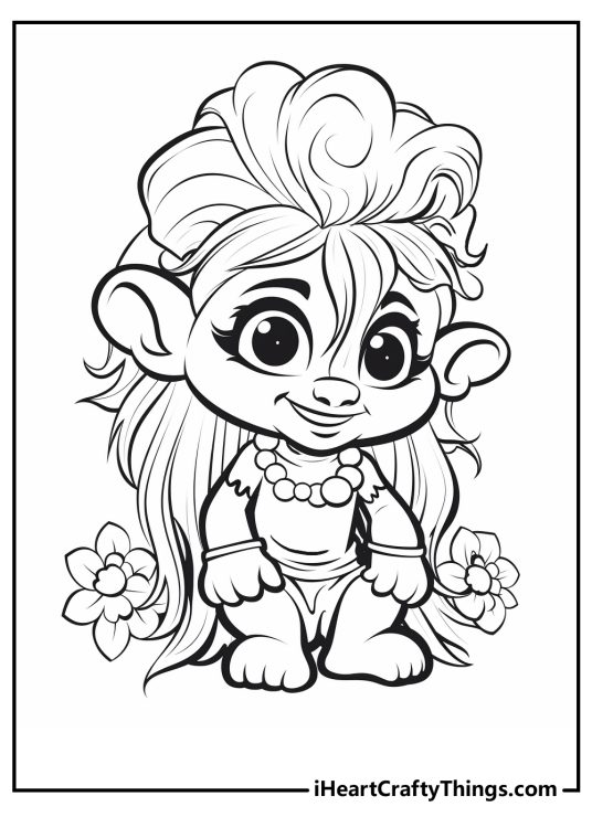 Detailed coloring image featuring Troll character Poppy resting among the plants