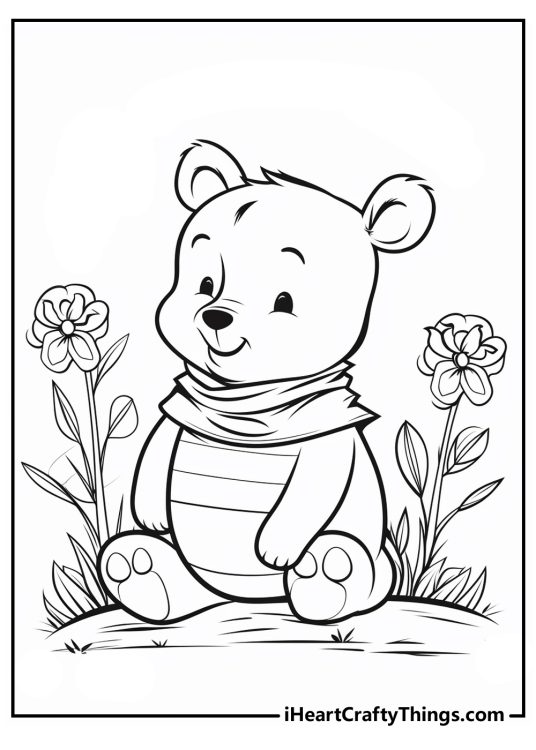 Printable image of a honey-loving bear Winnie the Pooh sitting among some lovely flowers