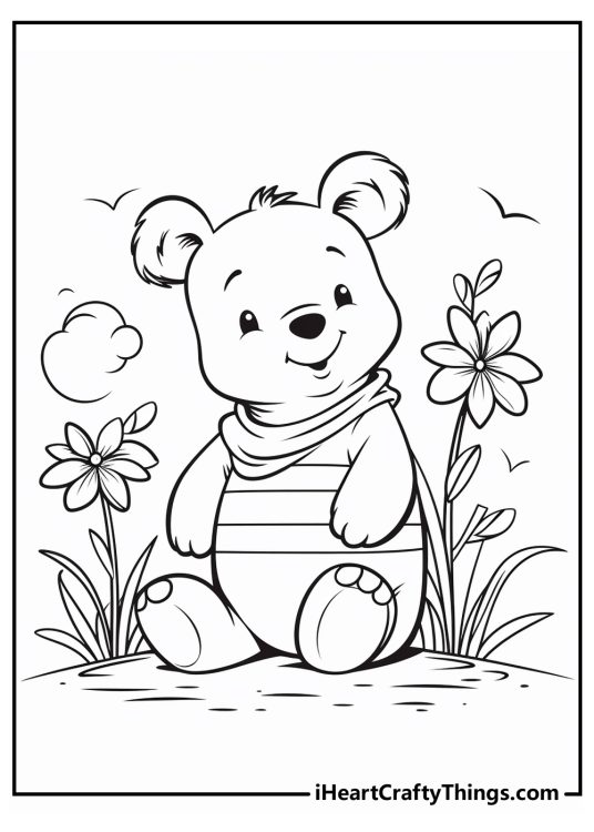 Printable pdf of a cute little Winnie the Pooh featured sitting outdoors surrounded by plants and flowers