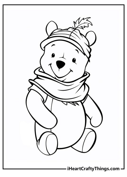 Winnie the Pooh coloring sheet featuring Winnie dressed with his cap that has a leaf on top