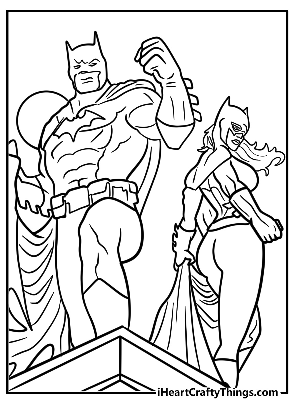 Batman and Catwoman in an action scene coloring page