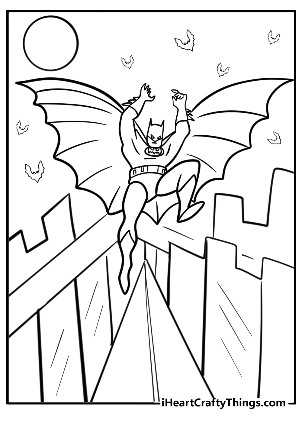 Batman gliding through the city free printable coloring page