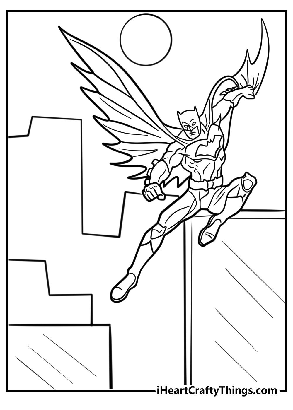 Batman leaping over buildins free coloring page pdf