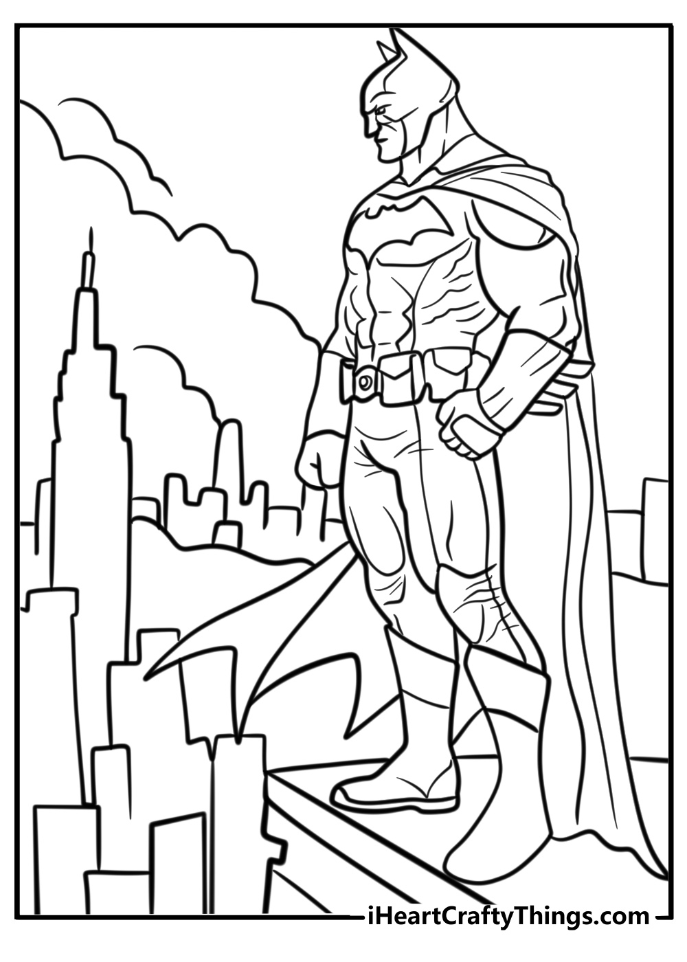 Batman standing on a rooftop coloring page for kids