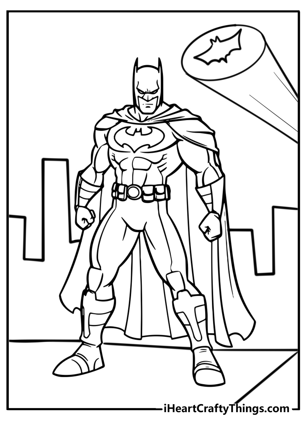 Batman standing tall in gotham city coloring sheet