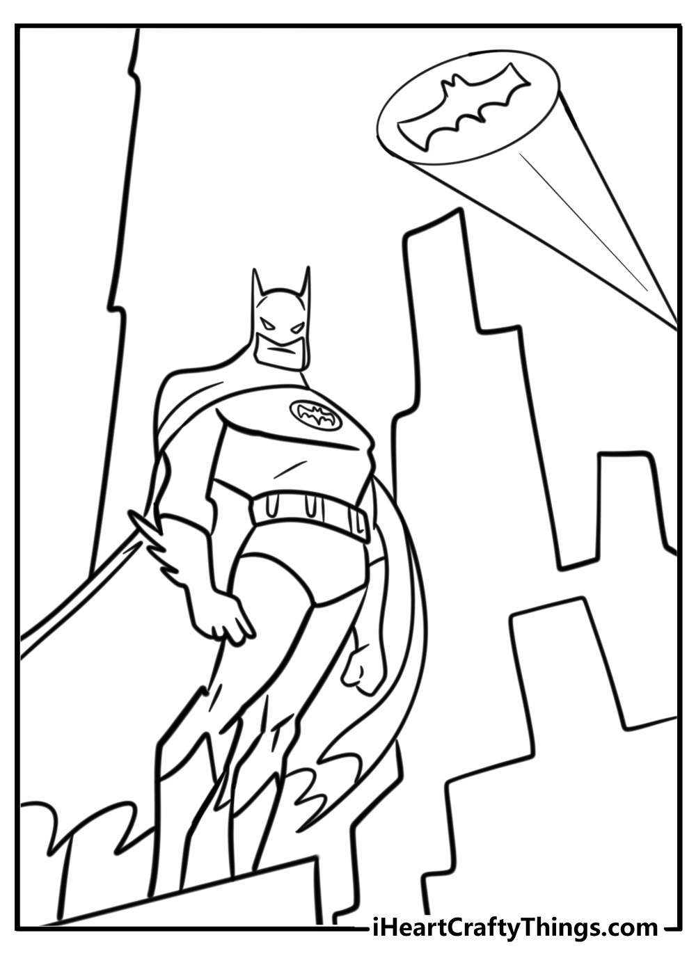 Batman with the bat signal in the sky coloring page