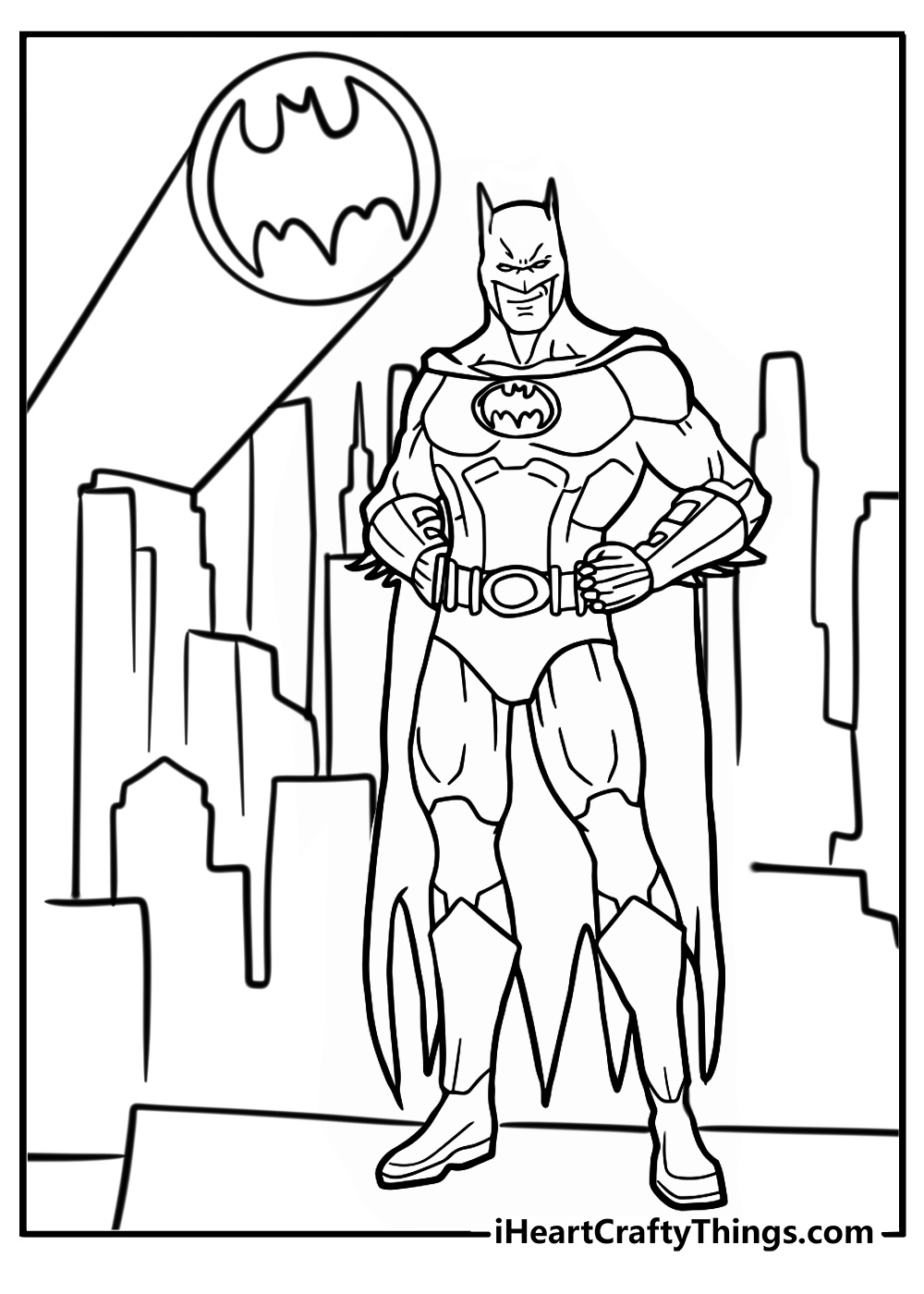 Batman with the gotham skyline in the background fun coloring sheet