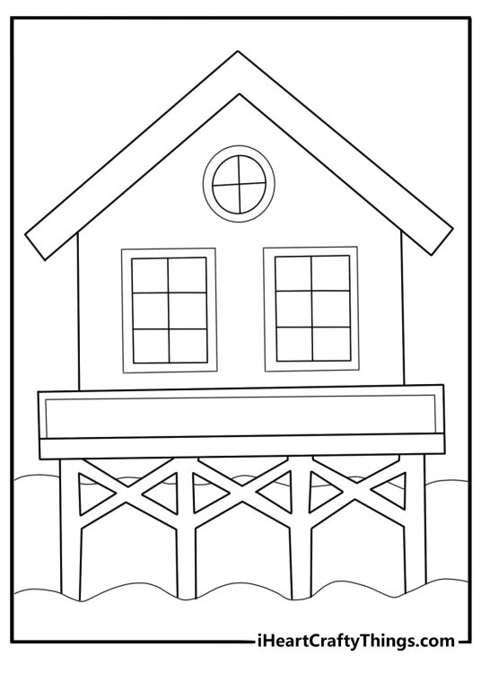 beach stilt house over sand and waves simple house coloring page