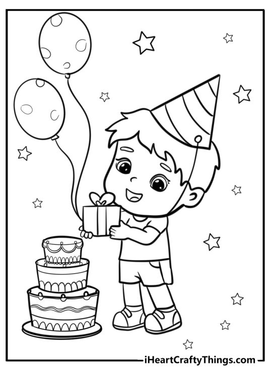Happy birthday-themed picture to color prresenting little birthday boy surrounded by tall cake balloons and stars