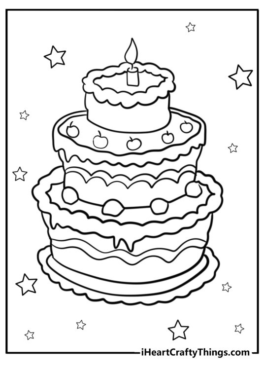 Happy birthday-themed drawing of a delicious three-tier birthday cake with single lit candle and stars all around it