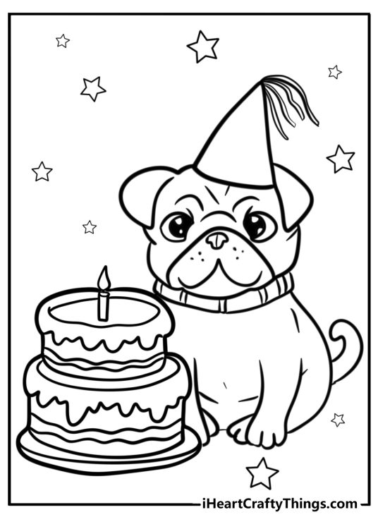 Happy birthday-themed picture featuring little pug with a party hat posing by 1st birthday cake
