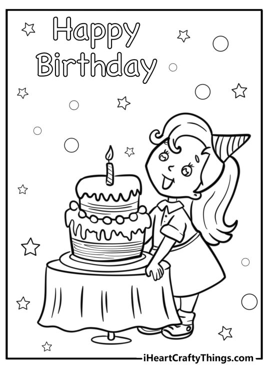 Happy birthday-inspired coloring sheet depicting excited birthday girl standing by a table with delicious cake