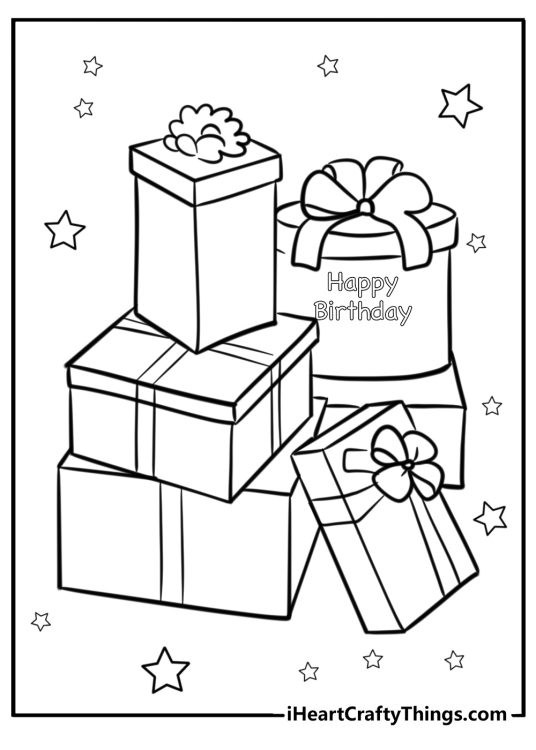 Happy birthday-inspired picture presenting a pile of various shapes gift boxes surrounded by stars