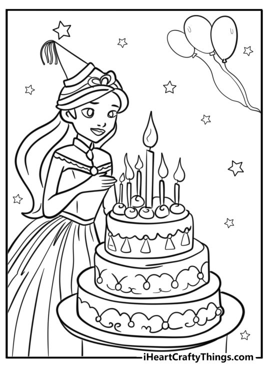 Happy birthday-themed drawing featuring gorgeous princess looking at her birthday cake with six lit candles