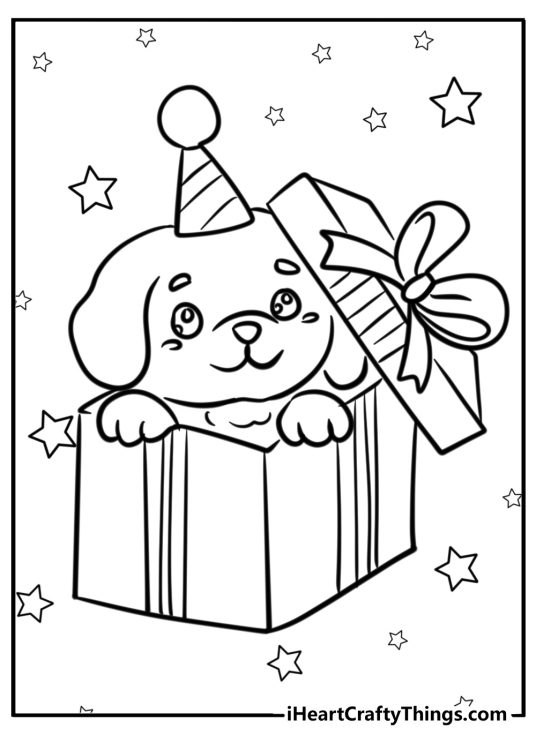 Happy birthday-themed coloring page presenting cute puppy in a gift box with stars all around