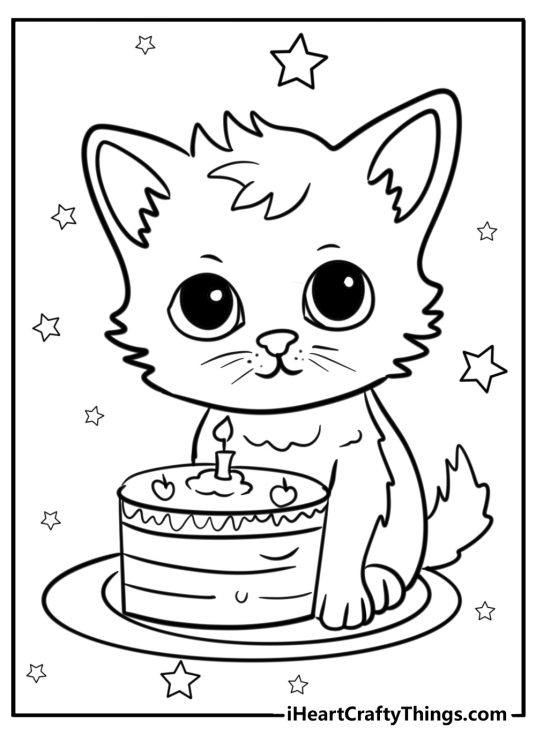 Happy birthday-themed picture featuring kitten posing by its birthday cake with a single lit candle