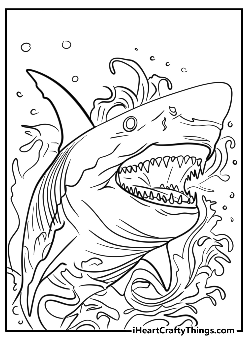 Close up of realistic great white shark coloring page